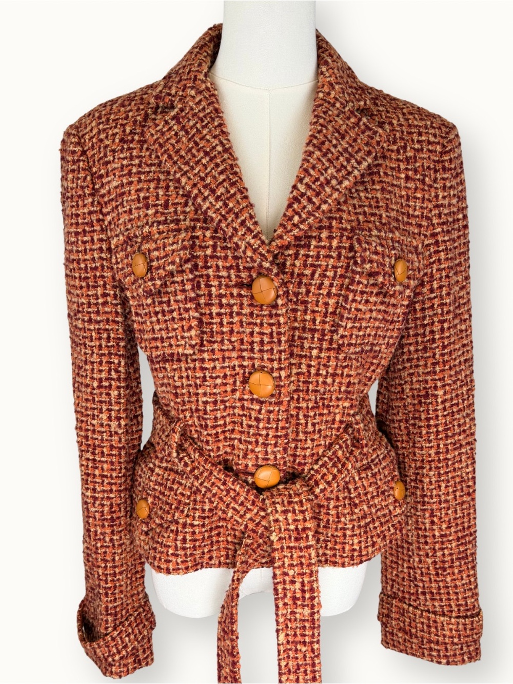 BCBGMaxAzria Orange & Brown Tweed Belted Blazer Jacket